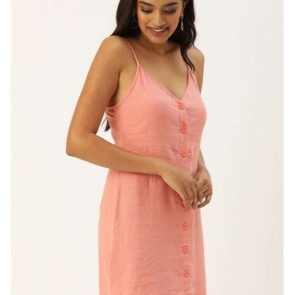 Forever 21 Womens Dress Sz M Coral Orange Button Front Mini Linen Blend Strappy - Picture 8 of 16